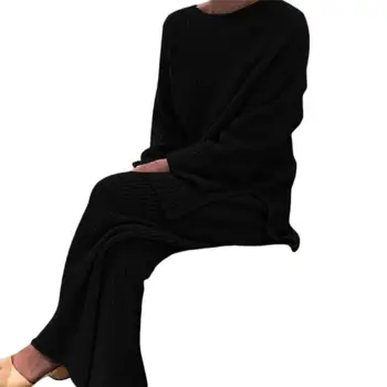 1 Set Lihtne Naiste Riided Streetwear Naiste Top, Püksid Seatud Pikk Varrukas Meeskonna Kaela Kudumise Pehme Komplekt