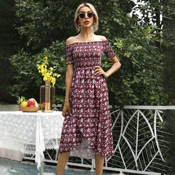 2022 Seksikas Maha Õla Lühikese Varrukaga Kleit Naiste Mood Naiste Õie Printida Slim Line Midi Kleit Elegantne