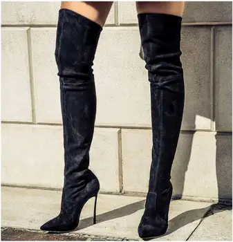 2022 talv sügis suede nahast naine pikad saapad metallist õhuke kanna pikad varba disaini naiste üle-põlve saapad elastne boot