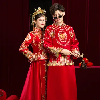 Hiina Uus Pulmakleit Traditsiooniline Cheongsam Vintage Pluss Suurus Kaasaegne Punane Kleit Qipao Pikk Naiste Mees Oriental Stiilis Kleidid