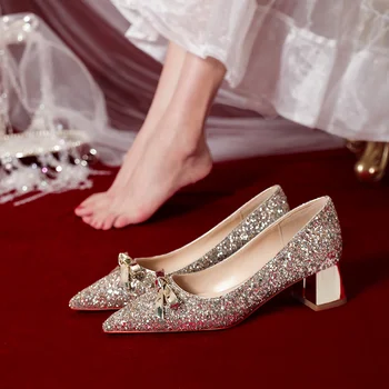 Kristall kingad pulm kingad paks kanna 2021 uus peep varba kingad kõrge kontsaga kingad, pruudi kleit, kingad talvel rasedate naiste pulm kingad