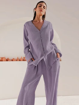 Linad Puuvill Naiste Nightwear 2 Töö Seab Lahti Pikk Varrukas, V-Kaelus Pidžaama Naiste Vabaaja Pükste Sobib 2023 Kevadel Sleepwear