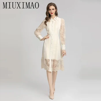 MIUXIMAO 2022 Kõrge Kvaliteedi Sügisel&Talvel Elegantne Kleit Plisseeritud Rinnamikrofon Pits Tikand Mood Põlve Pikkusega Kleit Naiste Vestide