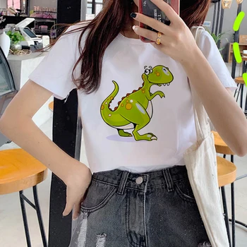 Naiste T-särk korea Fashion Valge T-särk Tüdrukud, Daamid Dinosaurus Trükkimine T-särk Uus Naiste Top Riideid Mõõdus Tshirts