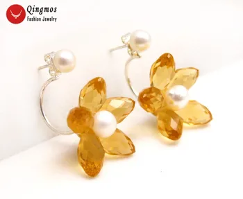 Qingmos Looduslik Pärl Kõrvarõngad Naised, kellel on 5-6mm Valge Pearl & Oranž Lill, Kristall Kõrvarõngas Kahepoolne Ear Stud Ehted