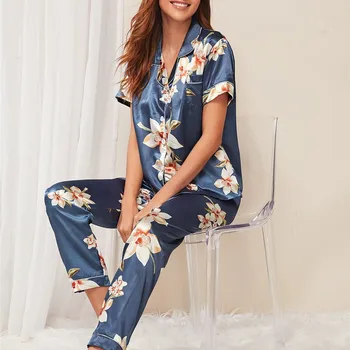 Trükitud Magada Tops&Püksid Komplekt 2TK PJS Sobiks Sleepwear nööpidega Naiste Satiin Pidžaama Lühikesed Varrukad Pidžaamad Suvel Nightwear