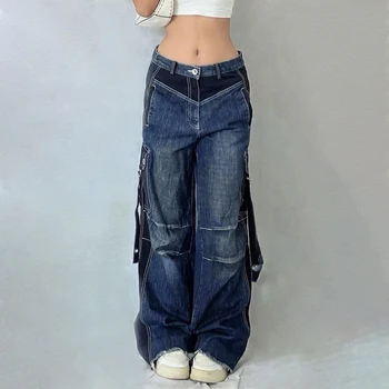 Y2K Naiste korea Streetwear Vintage Madal Vöökoht Sirge Lai Jalg Kottis Teksad Cargo Denim Püksid Püksid Esteetiline Brändi Riided
