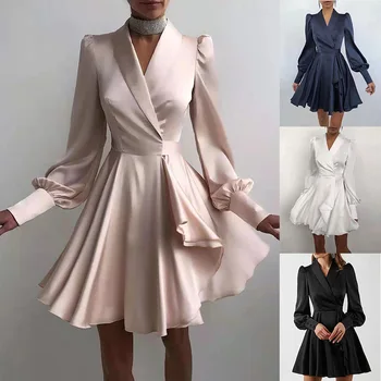 2022 Uus Mood Naiste Elegantne Satiin Mini Kleit Puhvis Varrukad Seksikas Ülikond Krae Vestidos Sidemega Plisseeritud Peokleidid