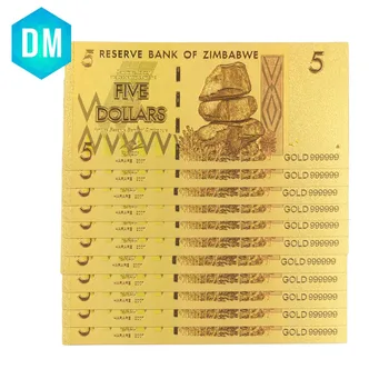 5 Dollari Värvikas Kuld Pangatähtede 24k 999.9 kullatud Zimbabwe paberraha Metallist, Käsitöö, Kuldne Võltsitud Raha 10tk