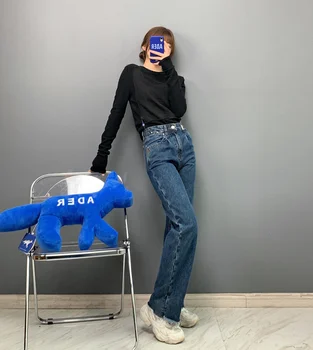 Korea versioon Kõrge kvaliteedi niši disain ADER VIGA kõrge vöökoht sale vabaaja retro pestud sirged teksad unisex püksid