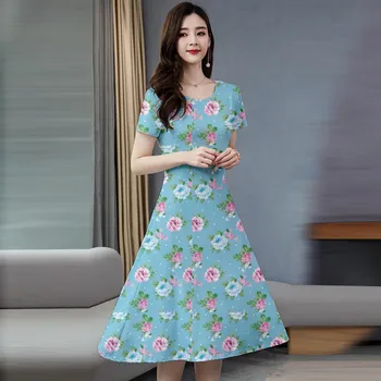 Lühikesed varrukad talje sulgemine-line kleit naiste suvine kleit naiste trükitud ümber kaela keskmise pikkusega korea versiooni SAGACE
